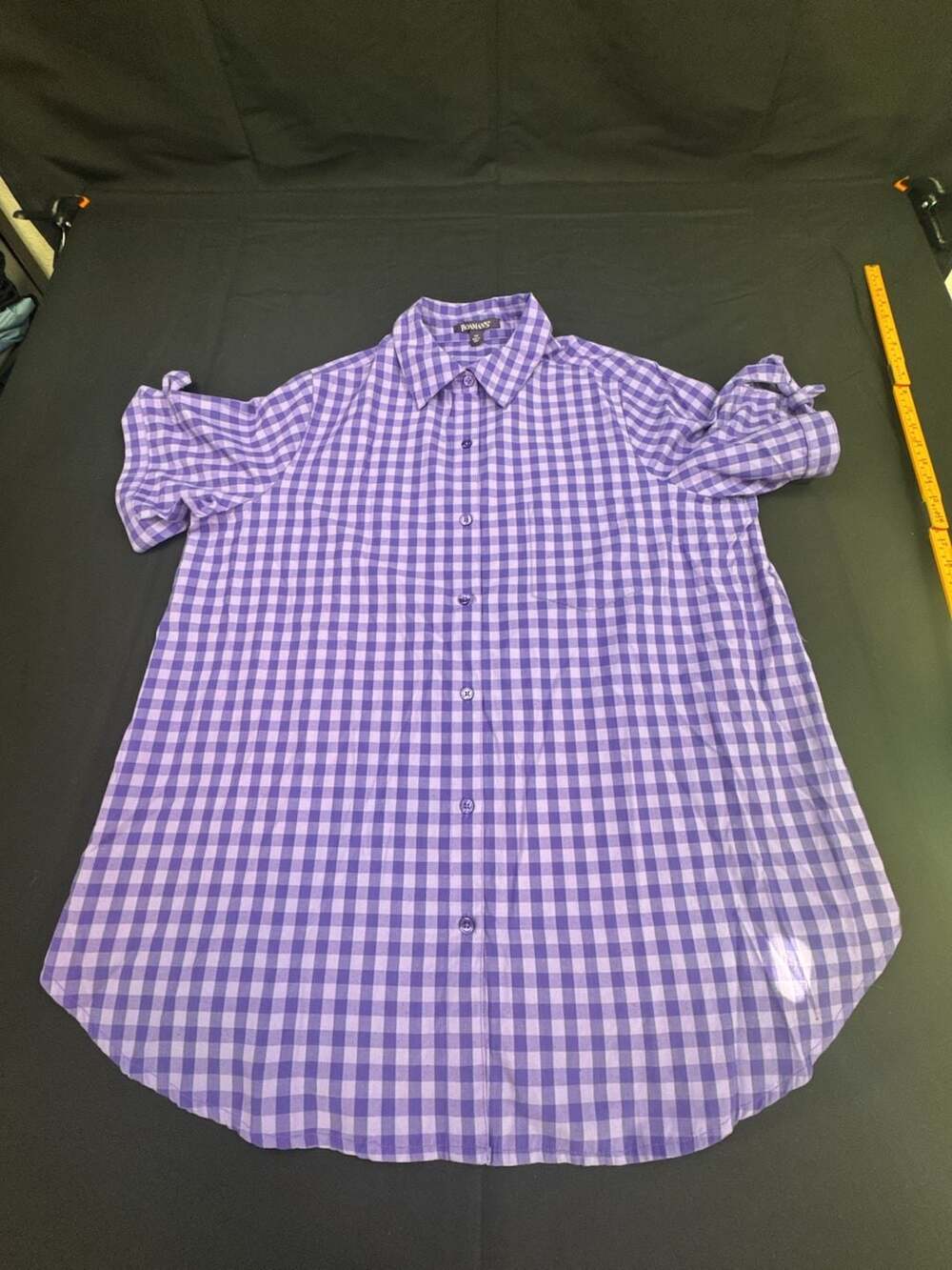Roaman's Button Down Gingham Blouse Size 18W Purple Plaid Short Tie Sleeve